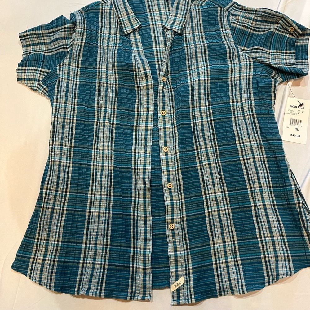 NWT Woolrich Teal and Light Blue Plaid Button-Down Shirt